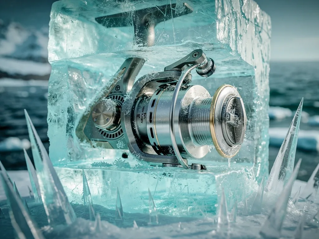Professional angling reel frozen in ice
