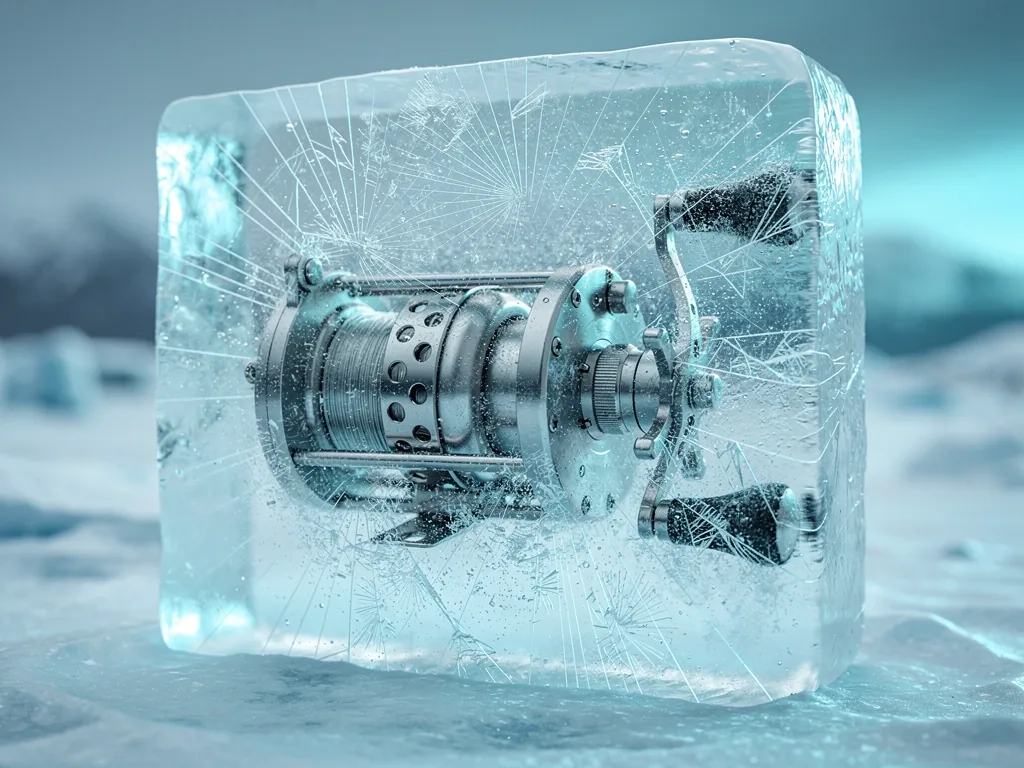 High-fidelity angling gear encased in ice